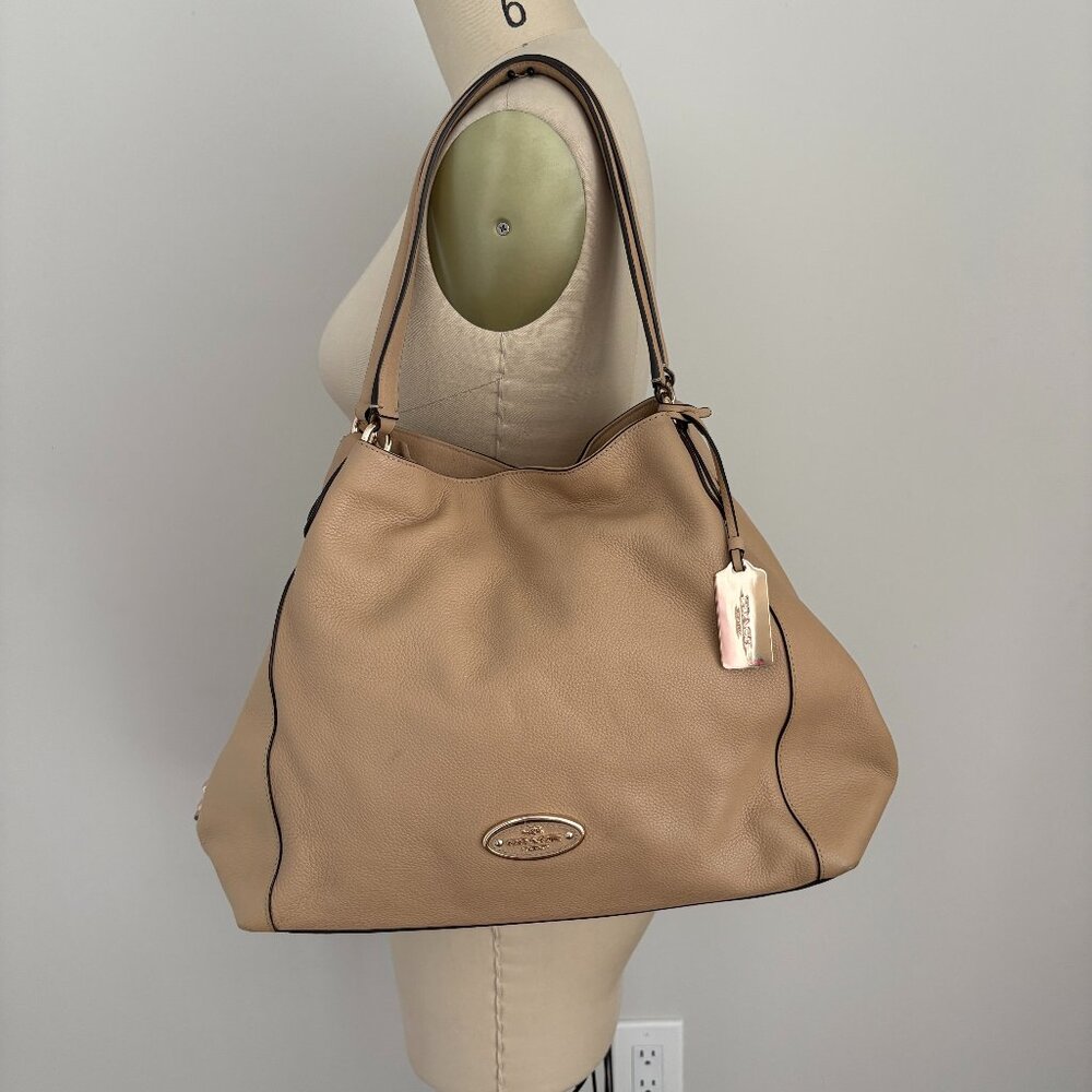 Coach Edie Pebbled Leather Shoulder Bag Tan Taupe Turnlock Gold Hardware Chic
